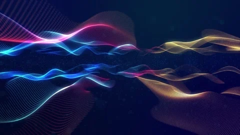 Glowing particles form surfaces with waves, layered blue purple structure Stock Footage 261088224