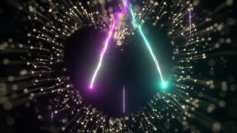 Glowing particles forming heart shape with dynamic neon light streaks against Stock Footage 345332826