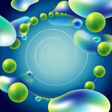 Glowing particles liquid dynamic flow with glowing bubble frame. Trendy fluid Stock Illustration