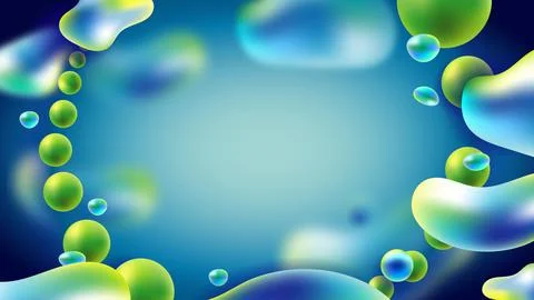 Glowing particles liquid dynamic flow with glowing bubble frame. Trendy fluid Stock Illustration