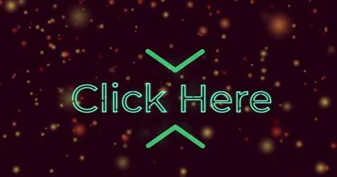 Glowing particles surrounding neon Click Here text in dark image background Illustrazione stock