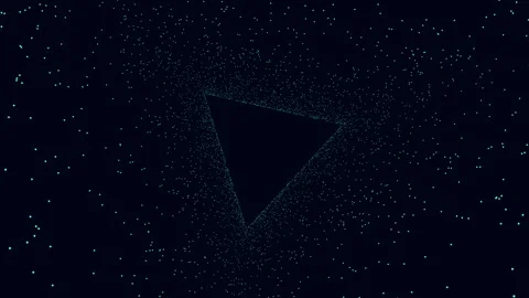 Glowing particles swirling around dark triangle shape in deep space background Stock Footage 332107827