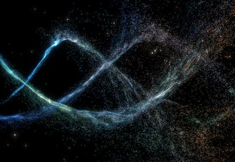 Glowing particles with wavy pattern, magical galaxy, 3d rendering. Stock Illustration