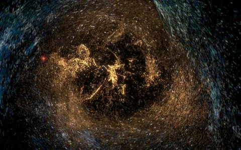 Glowing particles with wavy pattern, magical galaxy, 3d rendering. Stock Illustration