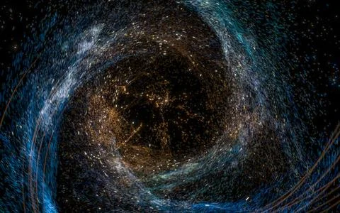 Glowing particles with wavy pattern, magical galaxy, 3d rendering. Illustrazione stock