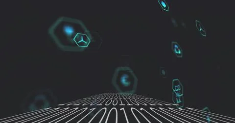 Glowing pathway lined with binary 0s 1s receding toward horizon in cyberspace, Stock Illustration