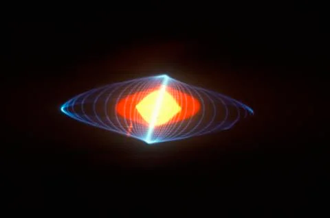 A glowing pattern of laser lights against a black background Stock Photos
