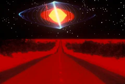 A glowing pattern of laser lights against a black background above a glowing red Stock Photos