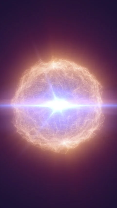 A glowing peach wireframe sphere surrounds a brilliant blue and white core .. Stock Footage 345424459