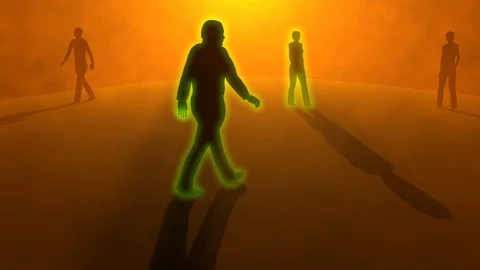 Glowing people , ghosts , spirits , walking in fog , mist , smoke. 3d animation Stock Footage 116498243