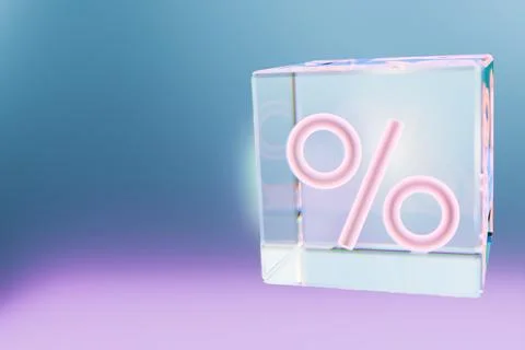A glowing percentage symbol in a translucent cube, representing sales Illustrazione stock