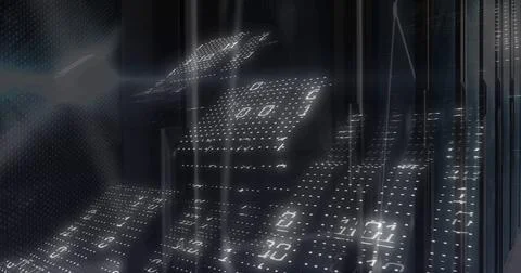 Glowing perforated panels with numeric grids covering stacked racks in data hub, Stock Photos