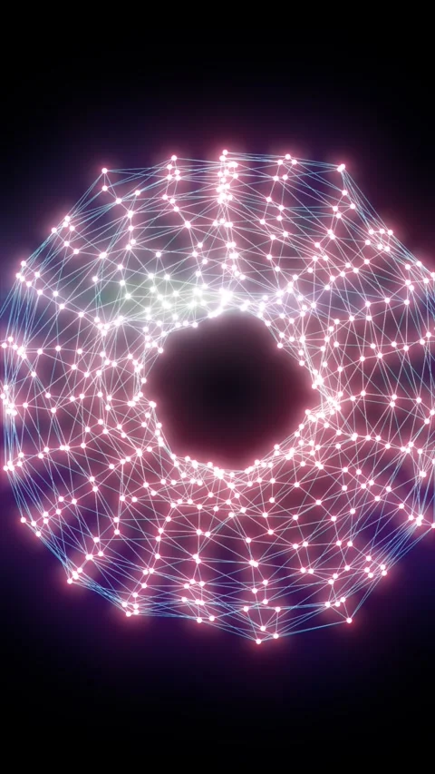 Glowing pink and cyan network torus with connected nodes, polygonal lines, .. Stock Footage 335696402