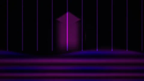 Glowing pink arrow pointing up on dark background with blue lines. Stock Footage 337470931