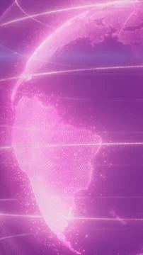 Glowing pink digital globe with dotted continents and orbit lines, futurist.. Illustrazione stock