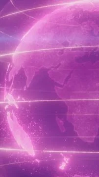 Glowing pink digital globe with dotted continents and orbit lines, futurist.. Illustrazione stock