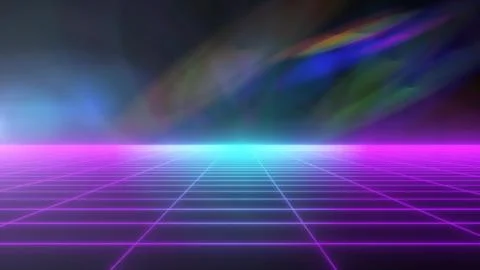 A glowing pink digital grid leading to a distant futuristic cityscape, with a Stock Illustration