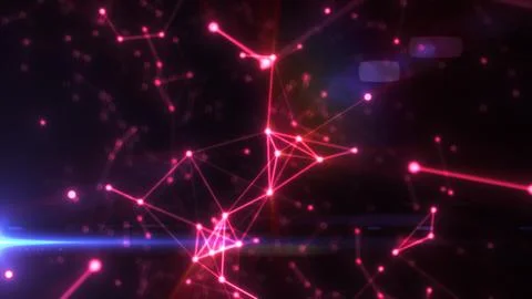 Glowing pink digital mesh of interconnected points on dark background with fu Stock Photos
