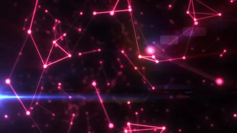 Glowing pink digital mesh of interconnected points on dark background with fu Stock Photos