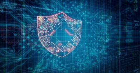 Glowing pink digital shield icon floating over network with circuit traces, Stock Illustration