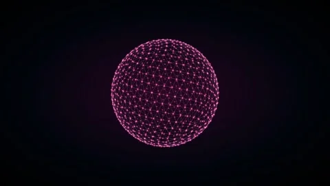 Glowing pink dots and lines converge into a rotating sphere on a dark background Stockbeeldmateriaal 345186121