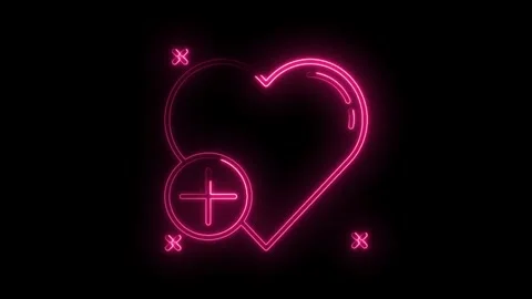 Glowing pink heart icon with plus sign animation on black background Stock Footage 315960344