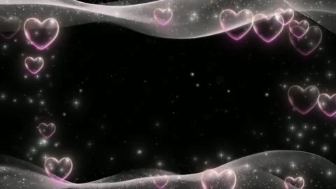 Glowing pink hearts floating in starry night sky with sparkling waves with Stock Footage 345101663