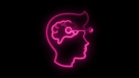 Glowing pink neon brain with arrow illustration on black background for con.. Stock Footage 312331063