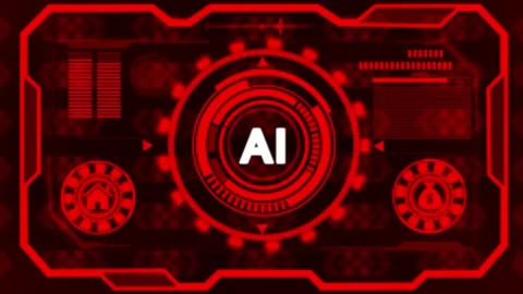 Glowing Pink Neon Circle with AI Text Against Red Digital Data Background a.. Stock Footage 327758601