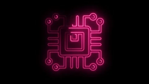 Glowing pink neon circuit board icon animation on black background digital Stock Footage 333952575