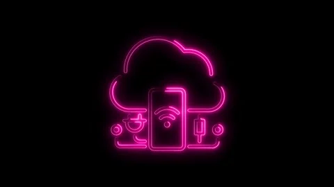 Glowing pink neon cloud computing with smartphone and internet connection o.. Stock Footage 314542626