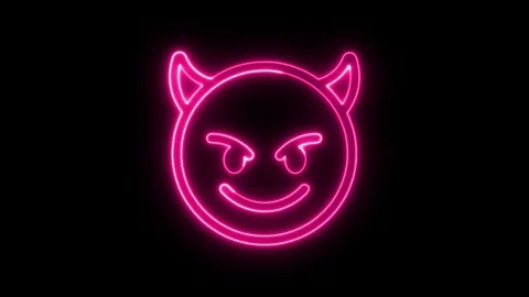 Glowing pink neon devil emoji face symbol on black background Stock-Footage 342233963