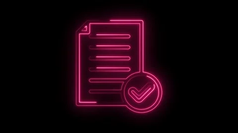 Glowing pink neon document with check mark loop animation on black background Stock Footage 346000166