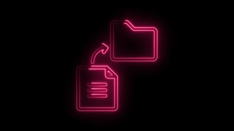 Glowing pink neon document to folder transfer icon animation with transpare.. Video stock 314574051