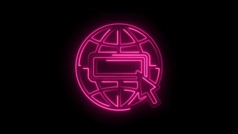 Glowing pink neon globe icon with cursor clicking on search bar abstract di.. Stock Footage 346826482