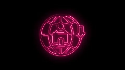 Glowing pink neon globe icon with person at computer and down arrow symboli.. Stock Footage 346830201