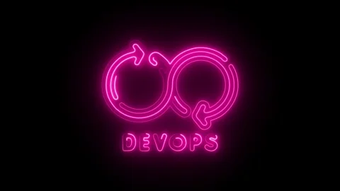 Glowing pink neon infinity loop symbol with arrows and devops text on black.. Video stock 314712833