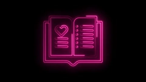 Glowing pink neon open book icon with heart shape and text layout animated Stock Footage 312113246