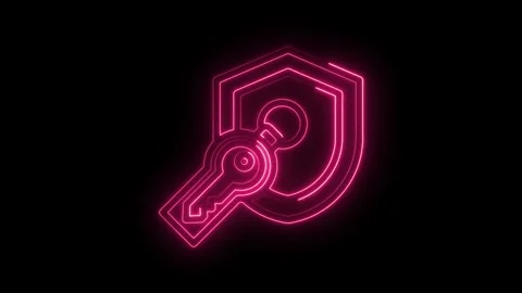 Glowing pink neon style security shield with key icon on black background Stock Footage 330785245