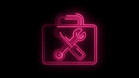 Glowing pink neon toolbox with screwdriver and wrench on black background Stock Footage 330777724