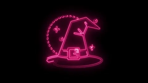 Glowing pink neon witch hat animation on black background for halloween Stock Footage 315959786