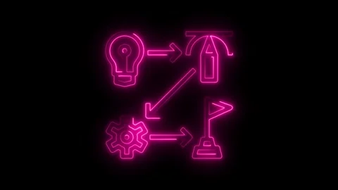 Glowing pink neon workflow diagram on black background visualization concept Stock Footage 308708331