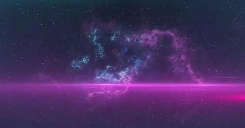Glowing pink rays of light and blue and pink nebula moving in the night sky Stock Illustration