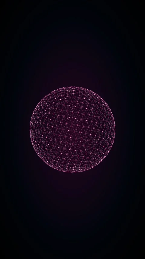 Glowing pink spherical network assembles and disassembles in a dark space Видео 345186189
