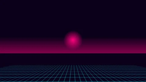 Glowing pink sun over a digital blue wireframe grid in dark cyberspace 库存影片 335149817
