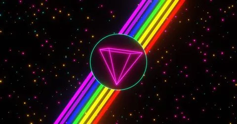Glowing pink triangular pyramid in the middle of rainbow stripes surrounded by g Illustrazione stock