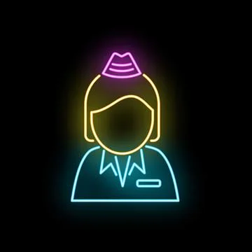 Glowing pixel flight attendant icon displaying travel service Stock Illustration