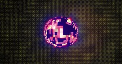 Glowing pixel LED globe emitting magenta light on stage, with tiles, halo and 스톡 일러스트
