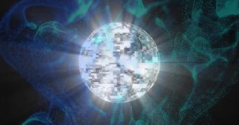 Glowing pixel sphere emitting white-blue rays in indigo space, showing Stock Illustration