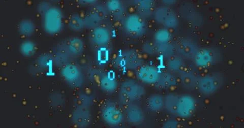 Glowing pixelated cyan binary 1 or 0 digits floating in dark visual field with Stock Photos